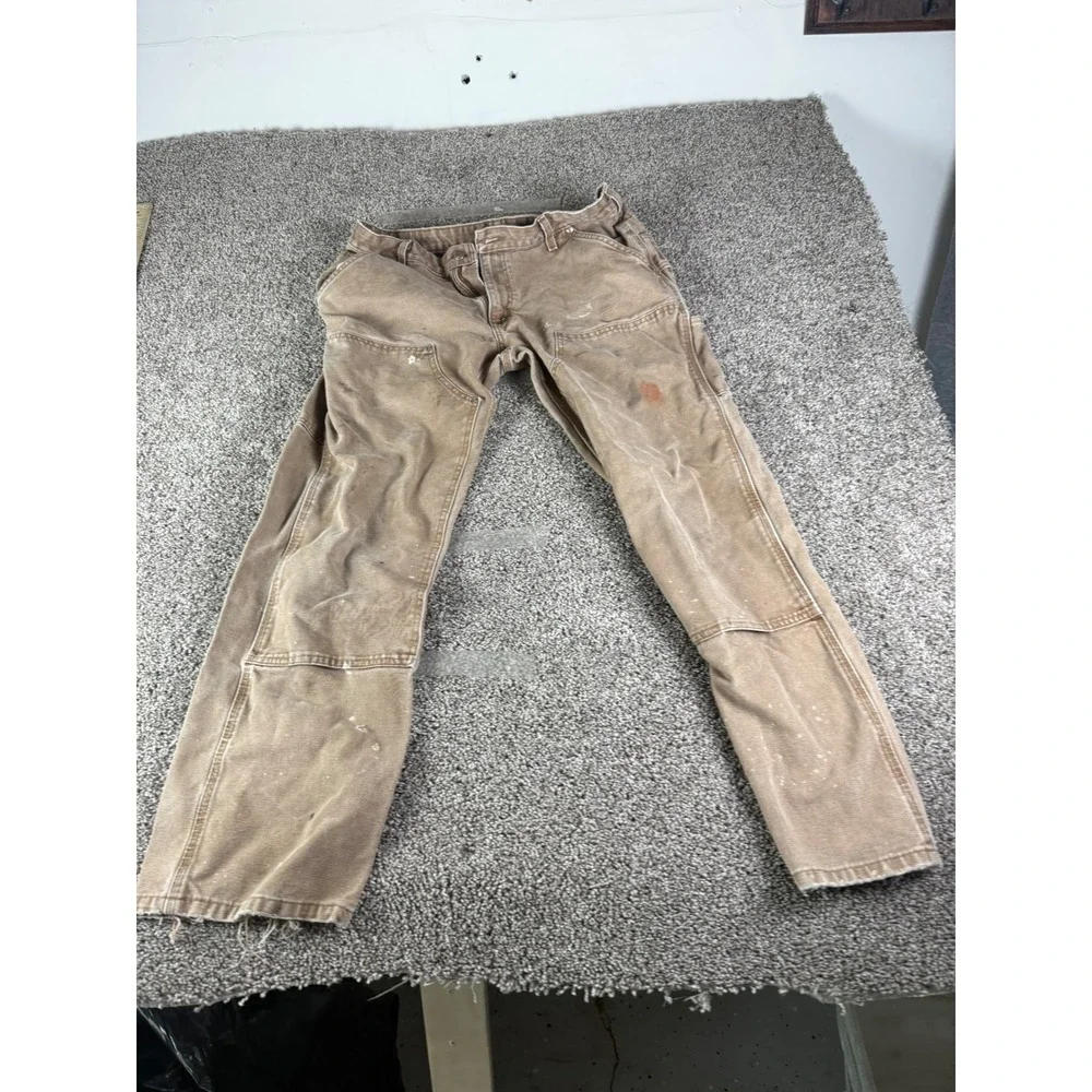 Carhartt Double Knee Work Pants Tan Canvas Distressed Mens 32x29 B01 BRN